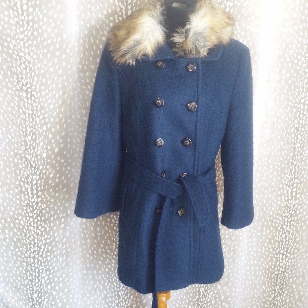 Laundry By Shelli Segal Blue Pea Coat with Faux Fur Collar